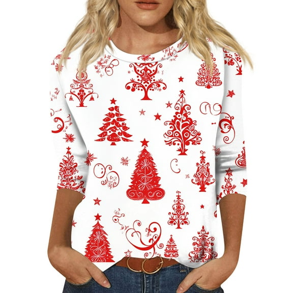 HaHaHappy Christmas Womens Shirts Plus Size Vintage 3/4 Sleeve Tunic Tops Christmas Print Dressy T-Shirts Crew Neck Casual Three Quarter Length Pullover Cute Blouses Vermilion 4XL