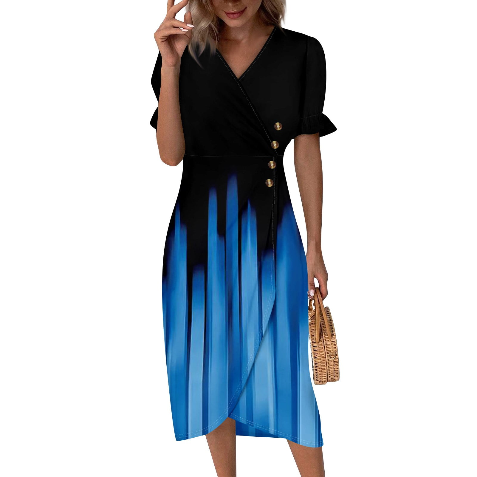 HaHaHappy Dresses for Women Floral V Neck Short Sleeve Sundress Puff