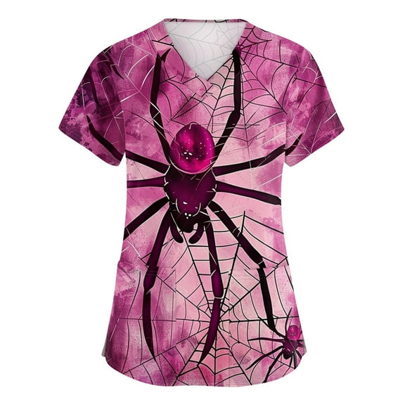 HaHaHappy Halloween Scrubs Women Plus Size Short Sleeve Horror Spider Printed Spooky Scrub Shirts Funny V Neck Scrub Tops Holiday Nursing Uniform Medical Workwear with Pockets Purple XL