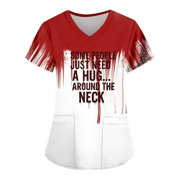 HaHaHappy Halloween Scrubs for Women Plus Size Short Sleeve Spooky Bloody Letter Printed Horror Scrub Tops Funny V Neck Scrub Shirts Nurse Holiday Workwear with Pockets Hot Pink S