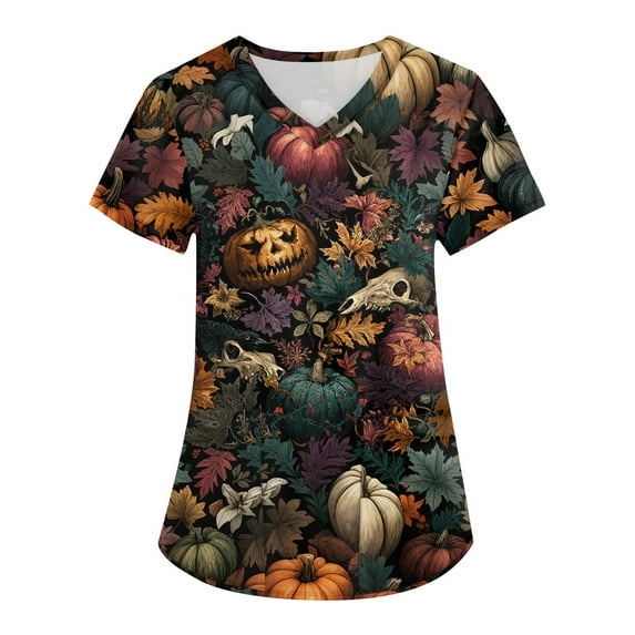HaHaHappy Halloween Scrubs Women Plus Size V Neck Spooky Pumpkin Printed Horror Scrub Shirts Funny Short Sleeve Scrub Tops Medical Workwear Nurse Nursing Uniform with Pockets Earthy Yellow 3XL