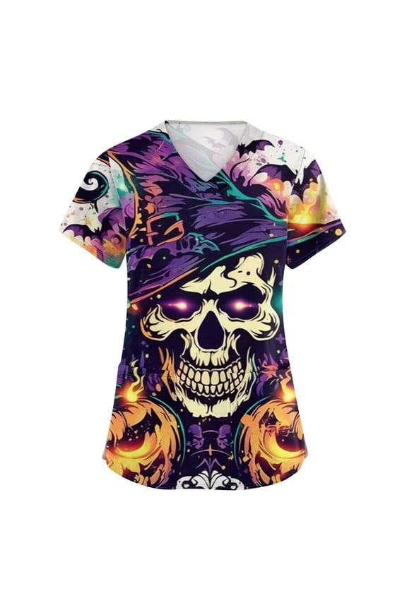 Halloween Scrubs Women Plus Size V Neck Spooky Skeleton and Pumpkin Printed Horror Scrub Shirts Funny Short Sleeve Scrub Tops Nurse Medical Nursing Uniform with Pockets Light Purple L