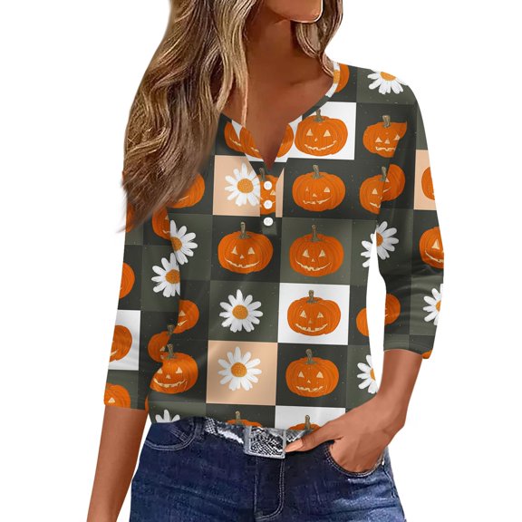 HaHaHappy Halloween Shirt Womens Plus Size V Neck Button Down Henley T-Shirts Spooky Pumpkin Printed Funny Tunic Tops Horror 3/4 Sleeve Tees Three Quarter Length Pullover Dark Green L