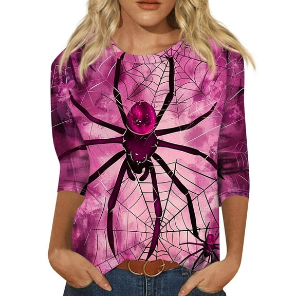HaHaHappy Halloween Shirts for Women 3/4 Sleeve Tees Funny Spider Printed Horror Tunic Tops Spooky Crew Neck T-Shirts Three Quarter Length Pullover Light Purple 2XL