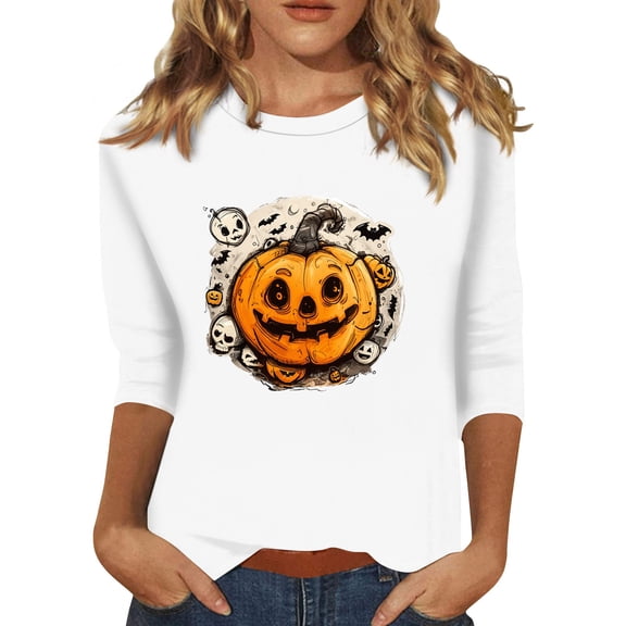 HaHaHappy Halloween Shirts for Women Plus Size 3/4 Sleeve T-Shirts Horror Pumpkin Printed Spooky Tees Funny Crew Neck Tunic Tops Three Quarter Length Pullover White 2XL