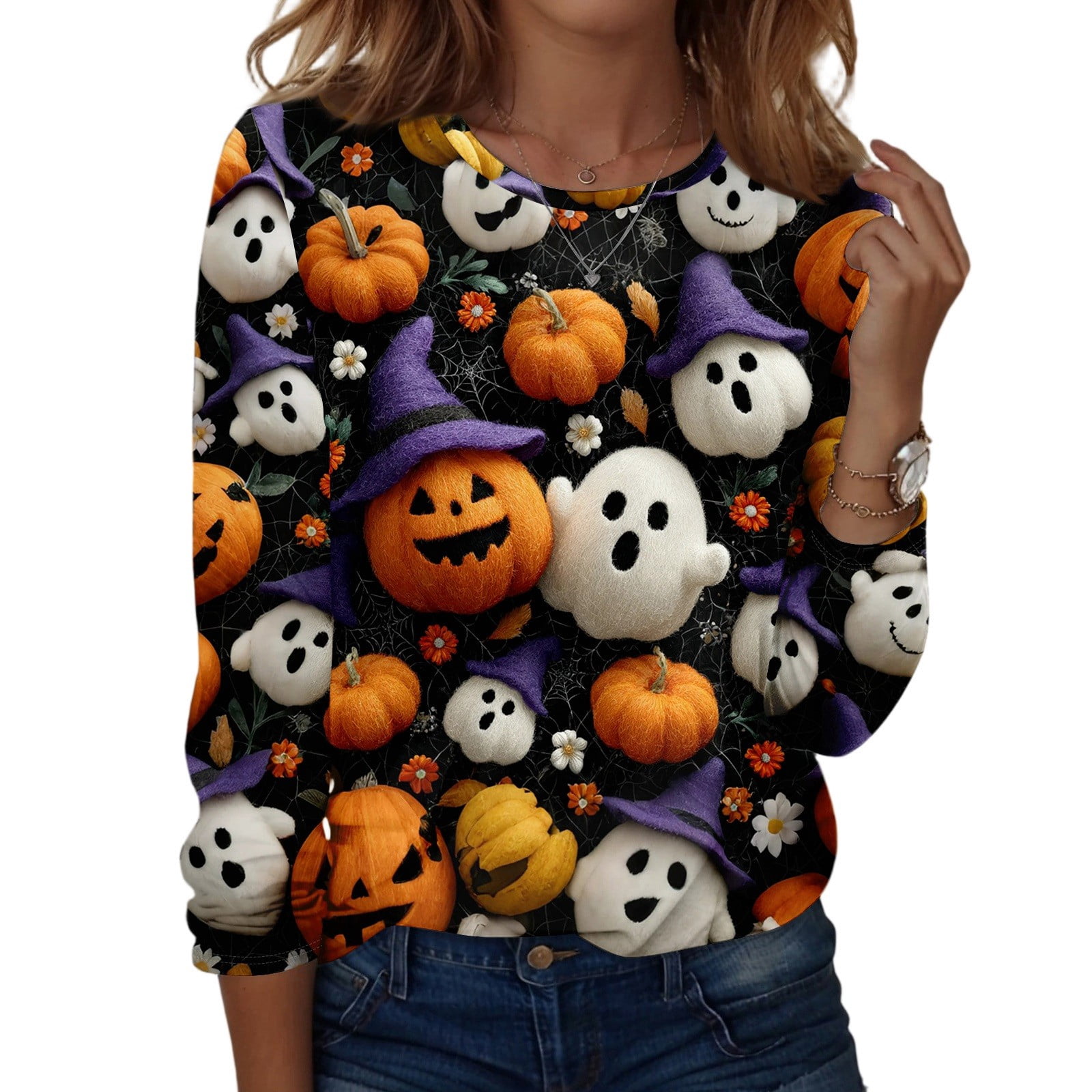 HaHaHappy Halloween Shirts for Women Plus Size Long Sleeve Tees Horror ...