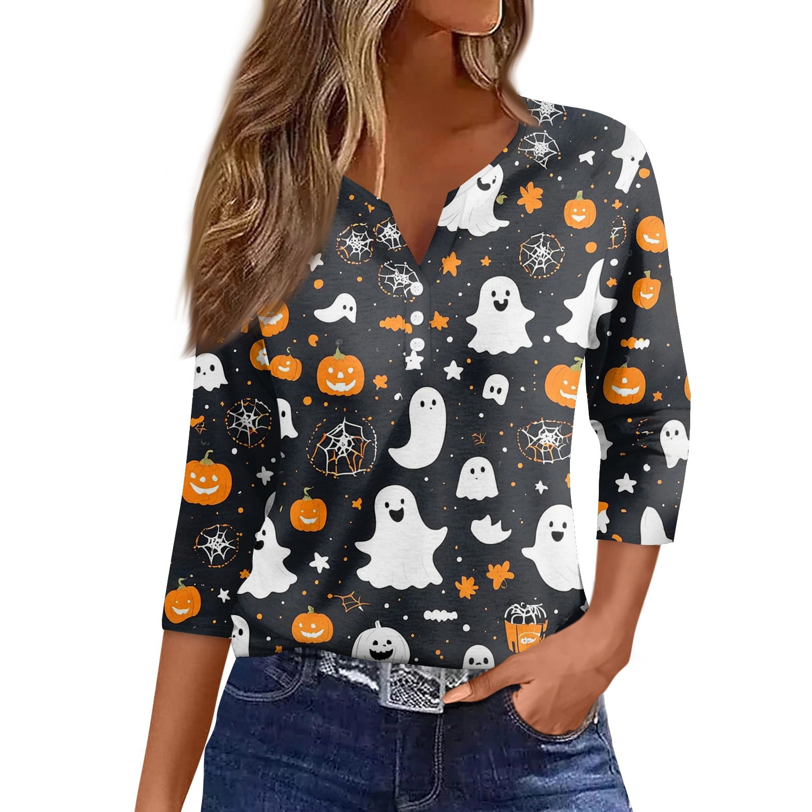 HaHaHappy Halloween Shirts for Women Plus Size V Neck Button Down ...