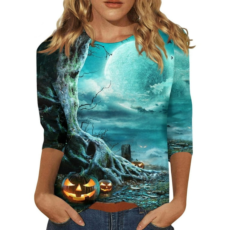 HaHaHappy Halloween Shirts for Women Plus Size Fall 3 4 Sleeve Tops Dressy Casual Crewneck Tunic Top Retro Halloween Print Shirt Sky Blue XL