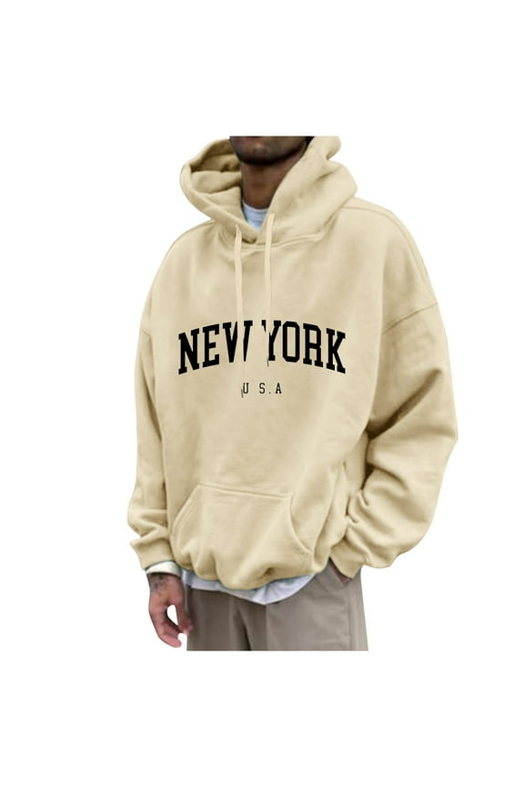 Hoodies For Men Long Sleeve Casual New York Letter Graphic Print Pullovers Plain Big and Tall Shirts Funny Work Sweatshirts Khaki 3XL