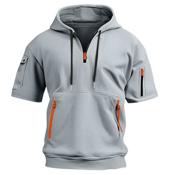 HaHaHappy Hoodies for Men Quarter Zip Short Sleeve Hoodie Lightweight Sweatshirt Pullover Oversized Muscle Athletic Hooded Tshirts with Pocket Light Gray 3XL