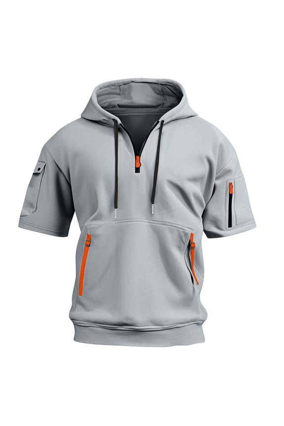 Hoodies for Men Quarter Zip Short Sleeve Hoodie Lightweight Sweatshirt Pullover Oversized Muscle Athletic Hooded Tshirts with Pocket Light Gray XL
