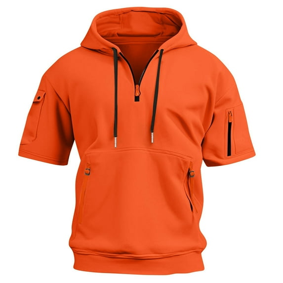 HaHaHappy Hoodies for Men Quarter Zip Short Sleeve Hoodie Lightweight Sweatshirt Pullover Oversized Muscle Athletic Hooded Tshirts with Pocket Orange M