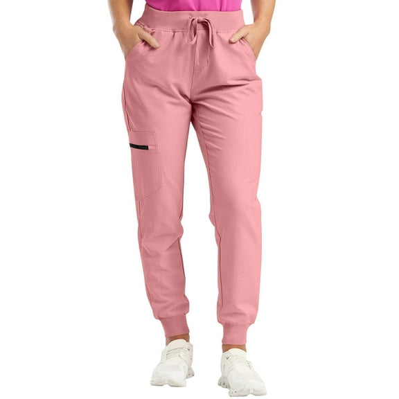 HaHaHappy Medical Nursing Scrub Joggers Pants for Women - Stretch Jogger Scrub Knit Waist Bottoms with Pockets Pink L