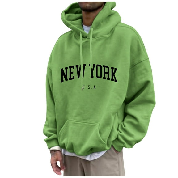 HaHaHappy Men's Letter Graphic Print Hoodie Casual Long Sleeve Pullover Oversize New York Sweatshirt Pocket Drawstring Top Green 6XL