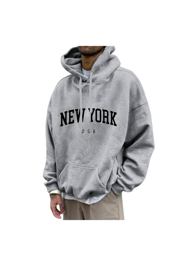 Men's Letter Graphic Print Hoodie Casual Long Sleeve Pullover Oversize New York Sweatshirt Pocket Drawstring Top Light Gray 6XL
