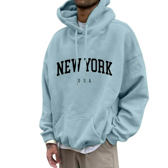 HaHaHappy Men's Letter Graphic Print Hoodie Casual Long Sleeve Pullover Oversize New York Sweatshirt Pocket Drawstring Top Sky Blue 6XL