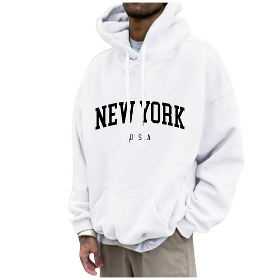 HaHaHappy Men's Letter Graphic Print Hoodie Casual Long Sleeve Pullover Oversize New York Sweatshirt Pocket Drawstring Top White 2XL