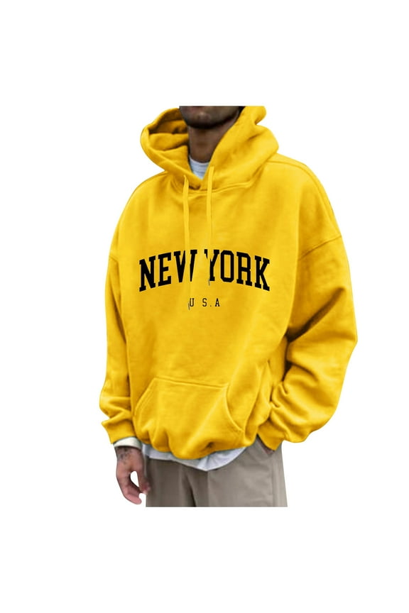 Men's Letter Graphic Print Hoodie Casual Long Sleeve Pullover Oversize New York Sweatshirt Pocket Drawstring Top Yellow 6XL