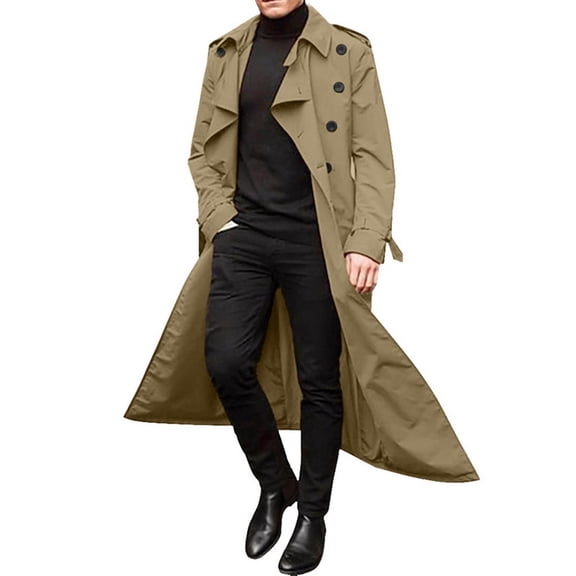 HaHaHappy Mens Trench Coat Double Breasted Long Jacket Casual Windbreaker Notched Lapel Belted Overcoat Khaki 2XL