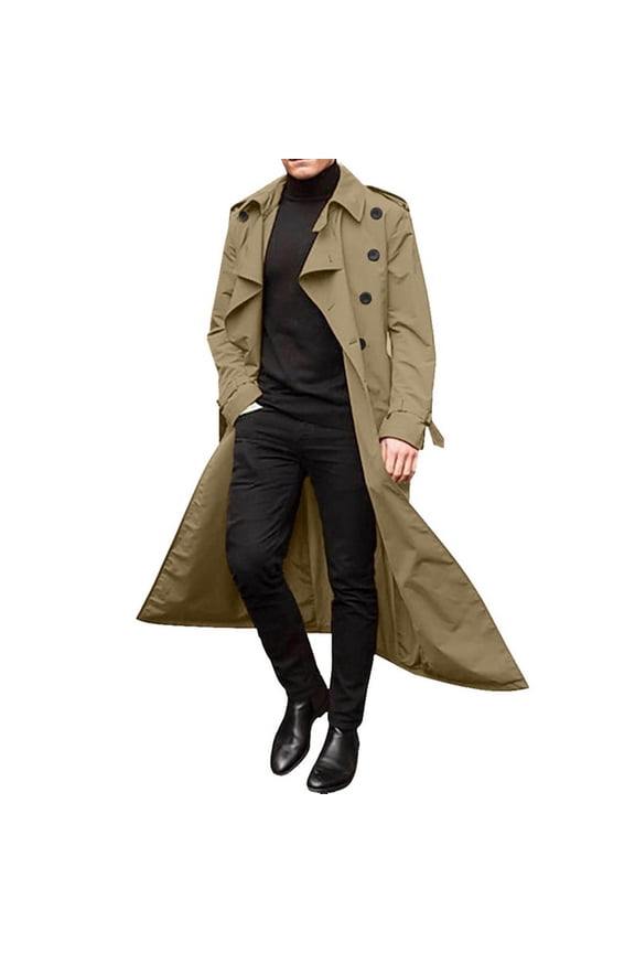 Mens Trench Coat Double Breasted Long Jacket Casual Windbreaker Notched Lapel Belted Overcoat Khaki 2XL