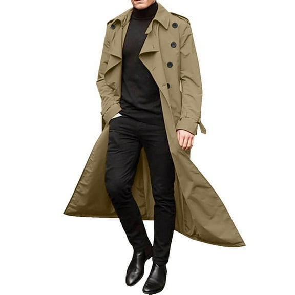 HaHaHappy Men's Trench Coat Fashion Lapel Business Casual Double Breasted Belted Jacket Solid Long Pea Coat Windbreaker Overcoat Khaki L