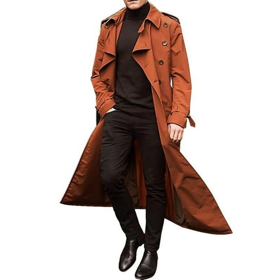 HaHaHappy Men's Trench Coat Fashion Lapel Business Casual Double Breasted Belted Jacket Solid Long Pea Coat Windbreaker Overcoat Orange M