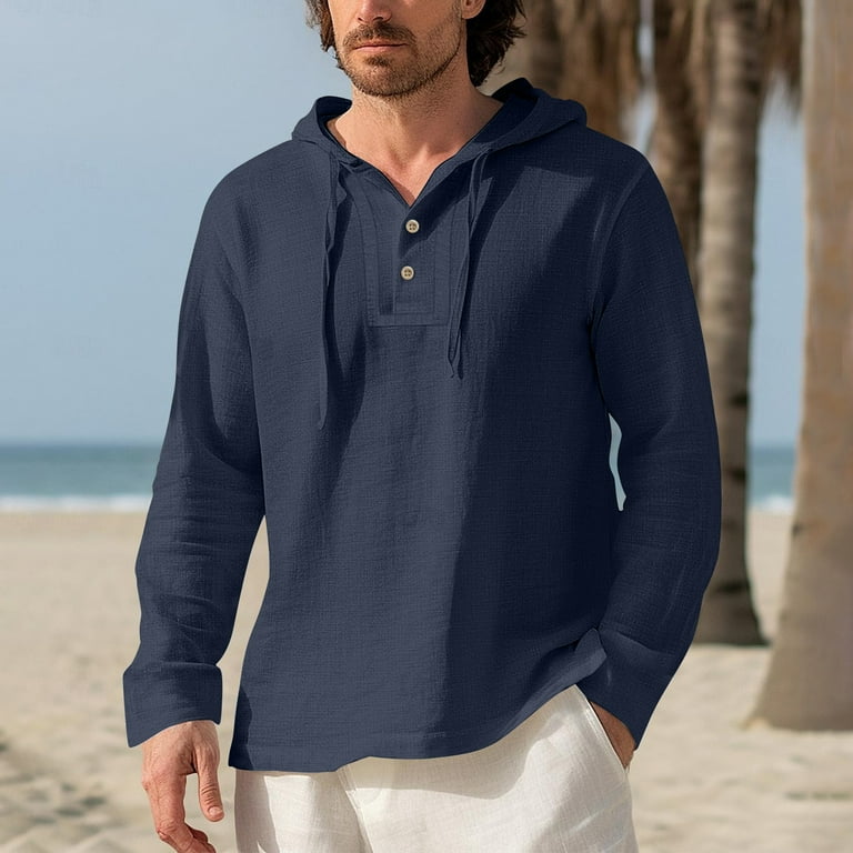HaHaHappy Mens Cotton Linen Hoodies Long Sleeve V Neck Button Down Hooded Shirt Sun Protection Lightweight Beach Shirt Navy 3XL