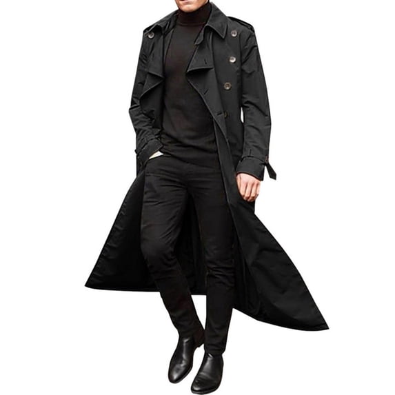 HaHaHappy Mens Trench Coat Double Breasted Long Jacket Casual Windbreaker Notched Lapel Belted Overcoat Black L