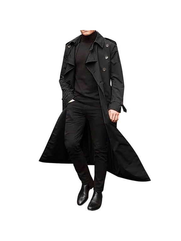 Mens Trench Coat Double Breasted Long Jacket Casual Windbreaker Notched Lapel Belted Overcoat Black L