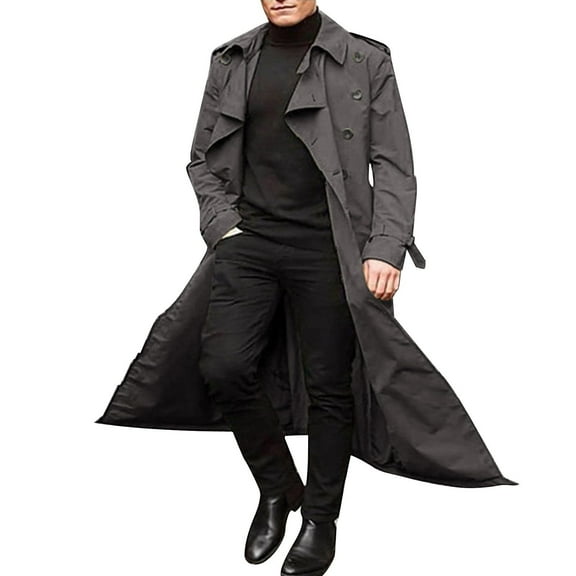 HaHaHappy Mens Trench Coat Double Breasted Long Jacket Casual Windbreaker Notched Lapel Belted Overcoat Dark Gray 2XL