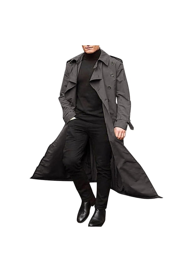 Trench Coat Men Winter Slim Coat Trench Lapel Long Jacket Double Breasted Belted Overcoat Soft Elegant Windbreaker Dark Gray L