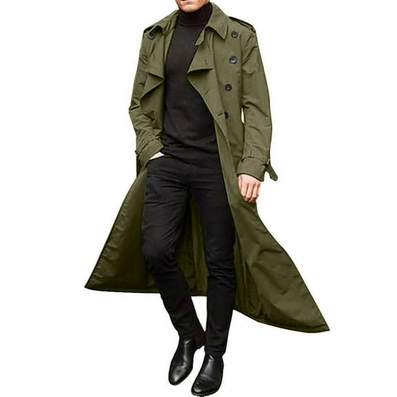HaHaHappy Mens Trench Coat Double Breasted Long Jacket Casual Windbreaker Notched Lapel Belted Overcoat Green XL