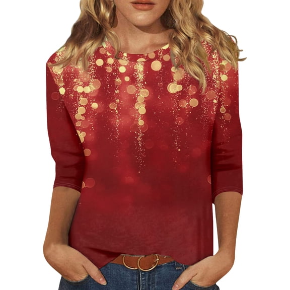 HaHaHappy Merry Christmas Shirts Womens Plus Size Casual 3/4 Sleeve Tunic Tops Christmas Print Party T-Shirts Crew Neck Cute Three Quarter Length Blouses Ugly Pullover Red S