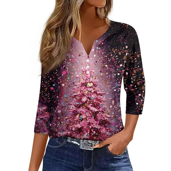 HaHaHappy Merry Christmas Shirts Womens Plus Size Casual 3/4 Sleeve Tunic Tops Xmas Tree Print Vintage T-Shirts V Neck Dressy Three Quarter Length Pullover Funny Blouses Pink XL
