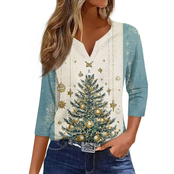 HaHaHappy Merry Christmas Shirts Womens Plus Size Cute 3/4 Sleeve T-Shirts Xmas Tree Print Casual Tunic Tops V Neck Ugly Three Quarter Length Pullover Dressy Blouses Light Blue XL