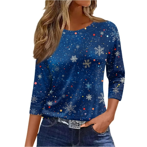 HaHaHappy Merry Christmas Shirts Womens Plus Size Ugly 3/4 Sleeve T-Shirts Christmas Snowflake Print Dressy Tunic Tops Crew Neck Casual Three Quarter Length Pullover Funny Blouses Navy S