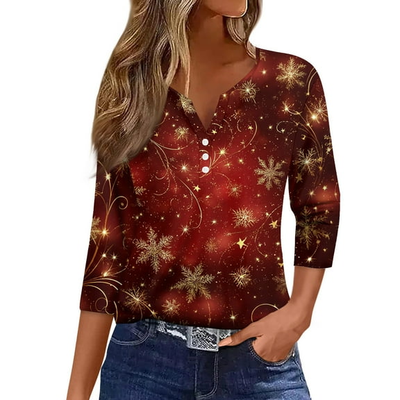 HaHaHappy Merry Christmas Shirts Womens Plus Size Ugly 3/4 Sleeve T-Shirts Christmas Snowflake Print Funny Tunic Tops V Neck Cute Three Quarter Length Blouses Casual Pullover Deep Red 2XL