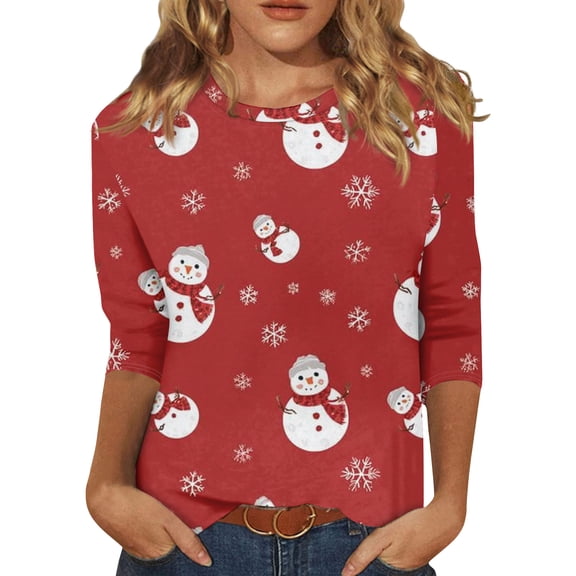 HaHaHappy Merry Christmas Shirts Womens Plus Size Ugly 3/4 Sleeve Tunic Tops Christmas Snowman Print Party T-Shirts Crew Neck Dressy Three Quarter Length Pullover Vintage Blouses Watermelon Red 2XL