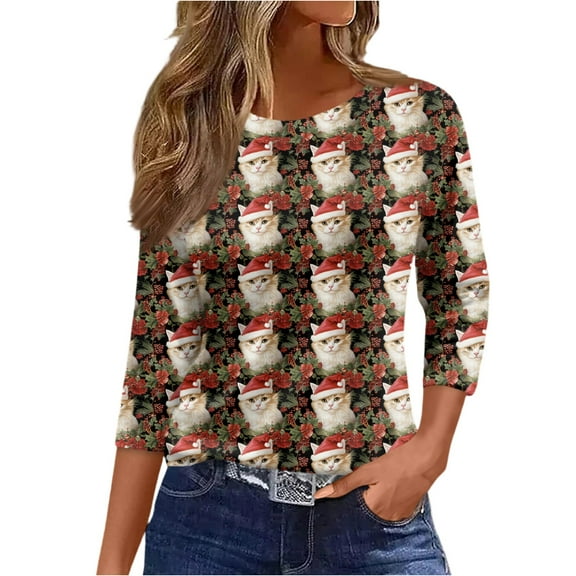 HaHaHappy Merry Christmas Shirts Womens Plus Size Vintage 3/4 Sleeve Tunic Tops Christmas Print Party T-Shirts Crew Neck Dressy Three Quarter Length Pullover Funny Blouses Coffee 2XL