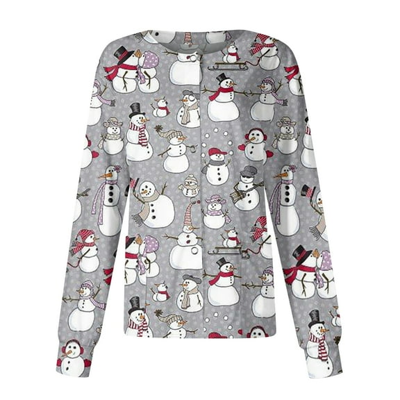 HaHaHappy Scrubs Jacket for Women Christmas Plus Size Snap Front Cute Snowman Print Scrub Tops Casual Long Sleeve Funny Scrubs Ugly Nurse Uniform Nursing Medical Workwear with Pocket Gray S