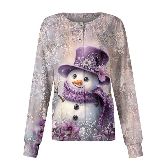 HaHaHappy Scrubs Jacket for Women Christmas Plus Size Snap Front Dressy Snowman Print Scrubs Funny Long Sleeve Ugly Scrub Tops Cute Nursing Workwear Nurse Medical Uniform with Pocket Purple L