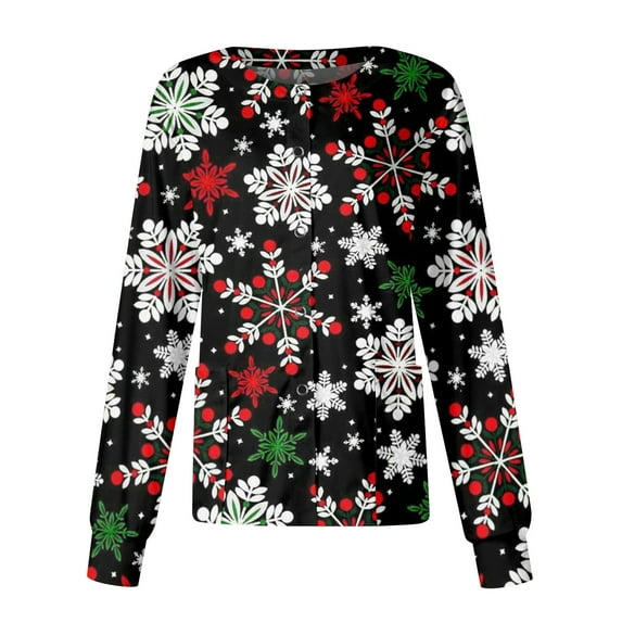 HaHaHappy Scrubs Jacket for Women Christmas Plus Size Snap Front Funny Snowflake Print Scrub Tops Ugly Long Sleeve Dressy Scrubs Cute Medical Uniform Nursing Nurse Workwear with Pocket Black M