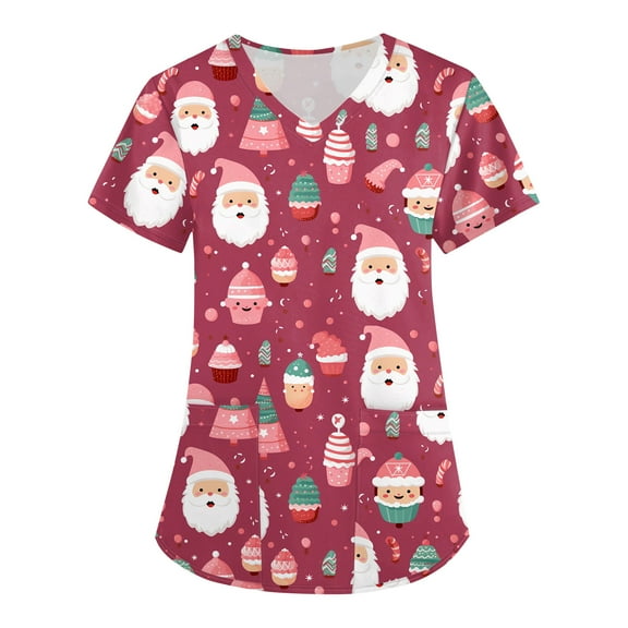 HaHaHappy Scrubs for Women Christmas Plus Size Short Sleeve Cute Christmas Santa Print Scrub Tops Ugly V Neck Dressy Scrub Shirts Nursing Uniform Nurse Medical Workwear with Pocket Hot Pink 3XL