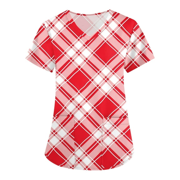 HaHaHappy Scrubs for Women Christmas Plus Size Short Sleeve Ugly Christmas Plaid Print Scrub Shirts Casual V Neck Dressy Scrub Tops Nursing Uniform Medical Nurse Workwear with Pocket Vermilion 2XL