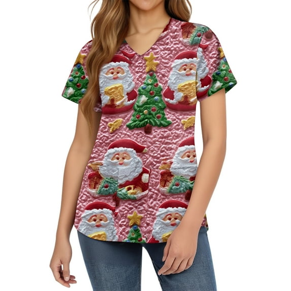 HaHaHappy Scrubs for Women Christmas Plus Size V Neck Casual Christmas Santa Print Scrub Tops Cute Short Sleeve Dressy Scrub Shirts Nurse Uniform Nursing Medical Workwear with Pocket Purple Pink S
