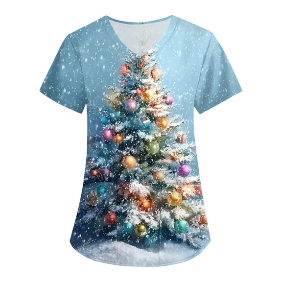 HaHaHappy Scrubs for Women Christmas Plus Size V Neck Casual Christmas Tree Print Scrub Shirts Cute Short Sleeve Funny Scrub Tops Nurse Workwear Nursing Medical Uniform with Pocket Light Blue 5XL