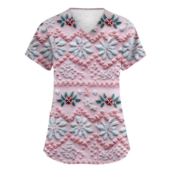 HaHaHappy Scrubs for Women Christmas Plus Size V Neck Casual Snowflake Print Scrub Shirts Cute Short Sleeve Ugly Scrub Tops Nurse Uniform Nursing Medical Workwear with Pocket Light pink L