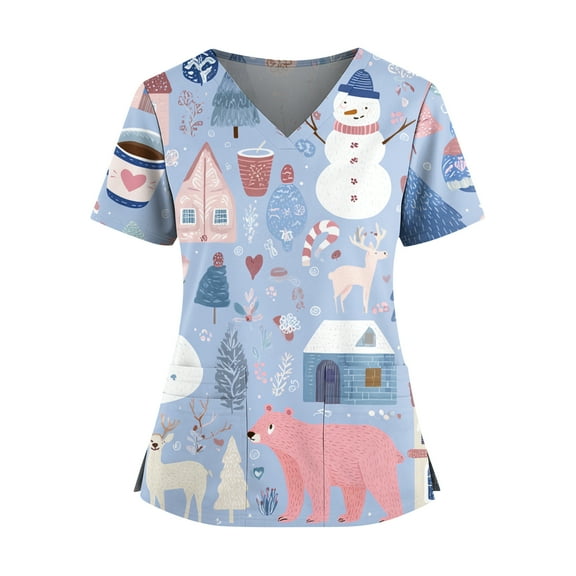 HaHaHappy Scrubs for Women Christmas Plus Size V Neck Cute Snowman Print Scrub Shirts Casual Short Sleeve Dressy Scrub Tops Medical Uniform Nurse Nursing Workwear with Pocket Sky Blue S