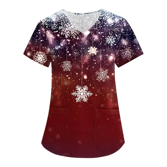 HaHaHappy Scrubs for Women Christmas Plus Size V Neck Dressy Snowflake Print Scrub Shirts Cute Short Sleeve Ugly Scrub Tops Nurse Workwear Medical Nursing Uniform with Pocket Hot Pink 3XL