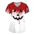 thumbnail image 1 of HaHaHappy Scrubs for Women Halloween Plus Size Short Sleeve Spooky Bloody Letter Printed Horror Scrub Tops Funny V Neck Scrub Shirts Holiday Medical Workwear with Pockets Deep Red L, 1 of 4